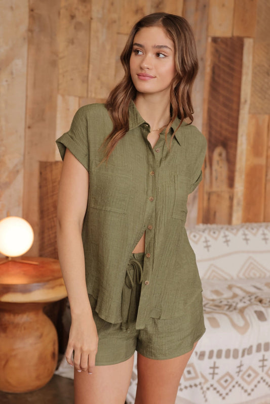 DELIA COLLARED CUFFED SLEEVE BUTTON DOWN SHIRT | OLIVE