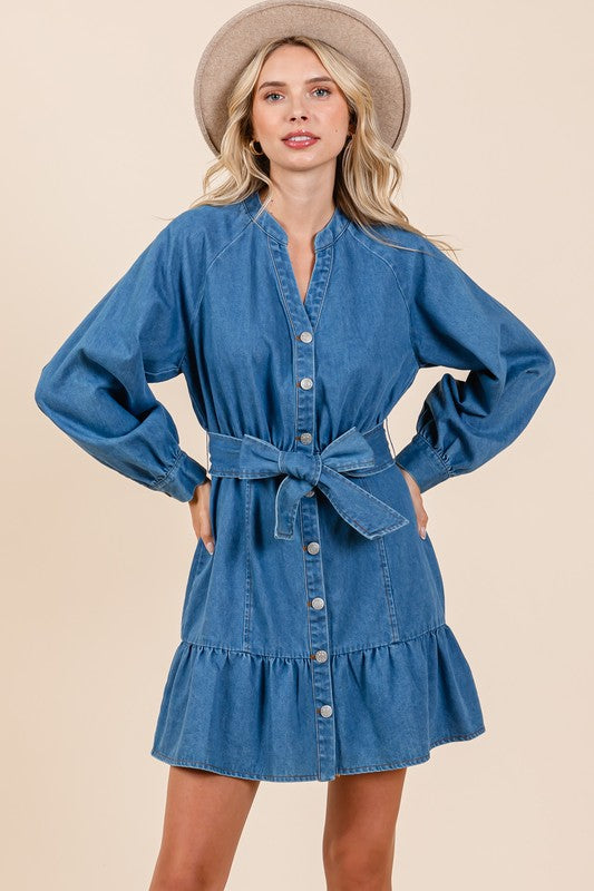 DELSA DENIM MINI DRESS WITH BOW