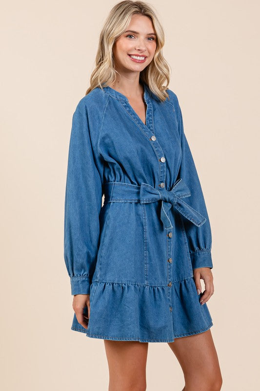 DELSA DENIM MINI DRESS WITH BOW