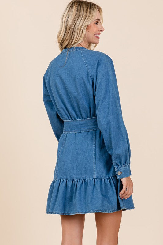 DELSA DENIM MINI DRESS WITH BOW