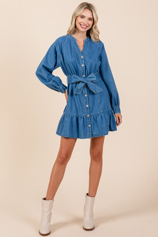 DELSA DENIM MINI DRESS WITH BOW