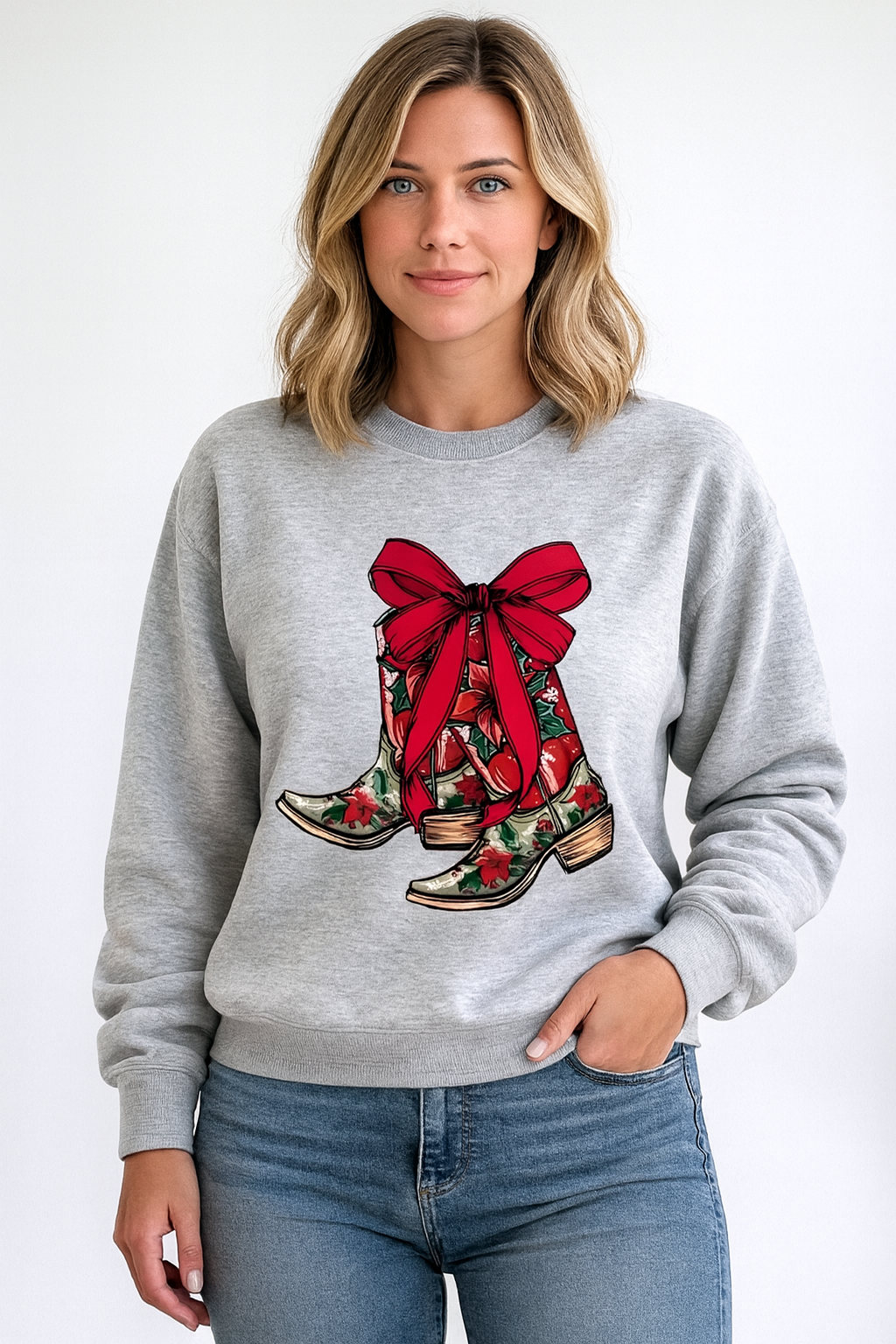 RED BOW COWBOY BOOTS CHRISTMAS SWEATER