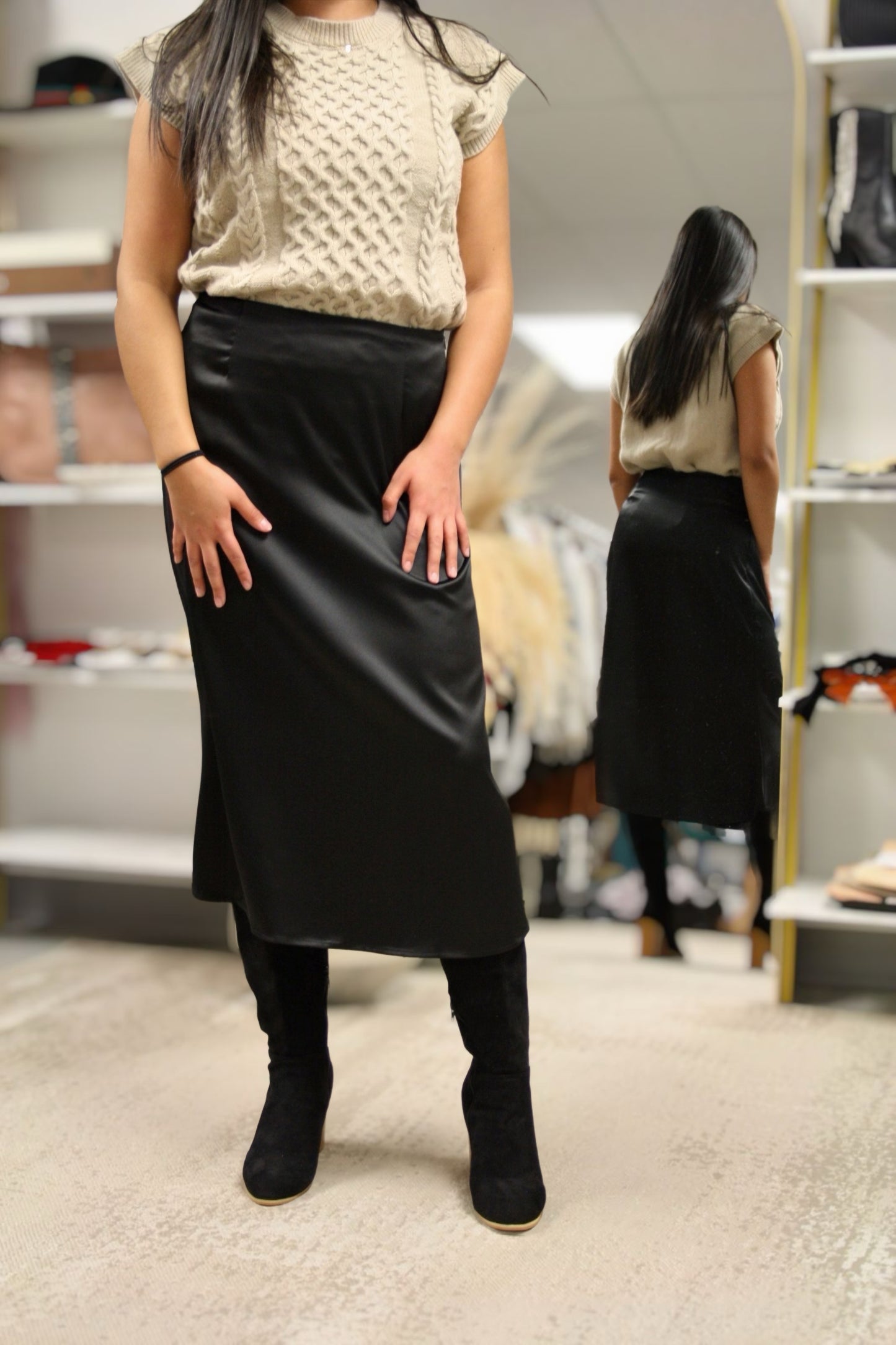 EVIANA BLACK SATIN MIDI SKIRT