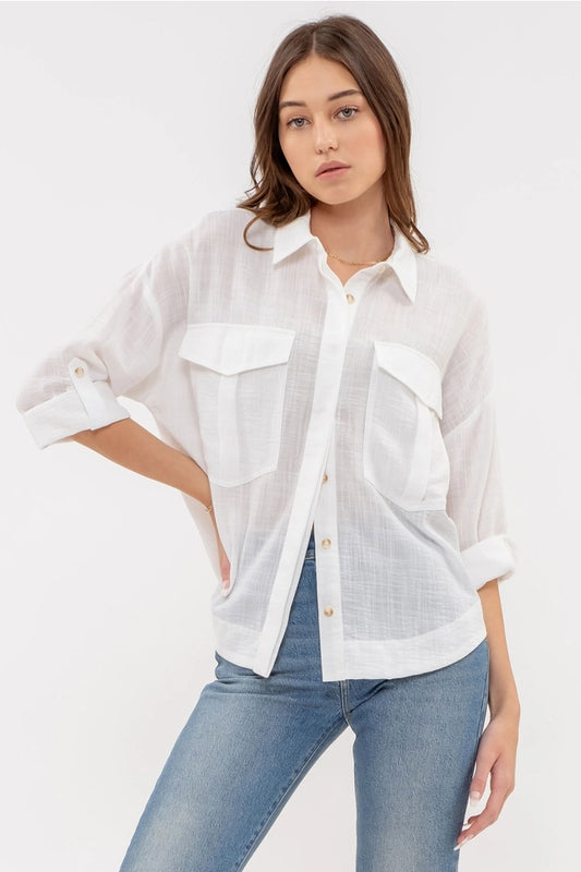 EVIE LIGHTWEIGHT COLLARED BUTTON DOWN SHIRT | WHITE
