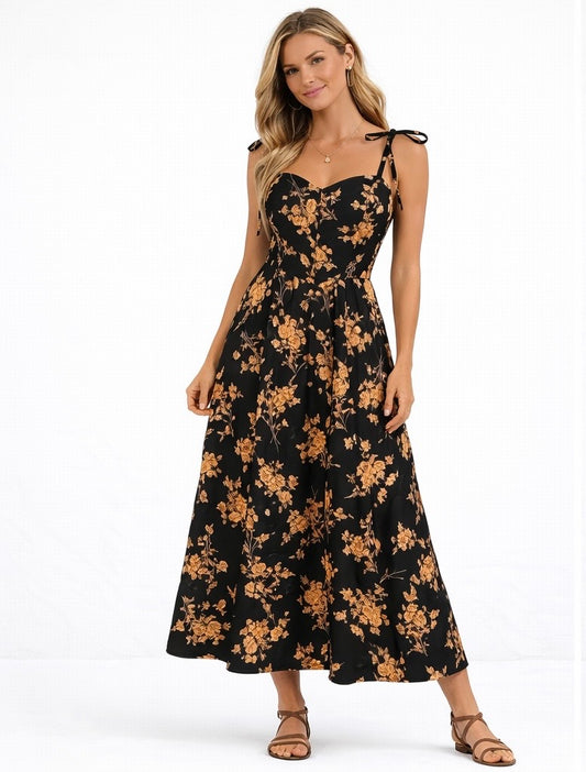 ASTER SHOULDER TIE FLORAL MIDI DRESS