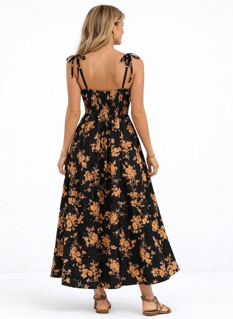 ASTER SHOULDER TIE FLORAL MIDI DRESS