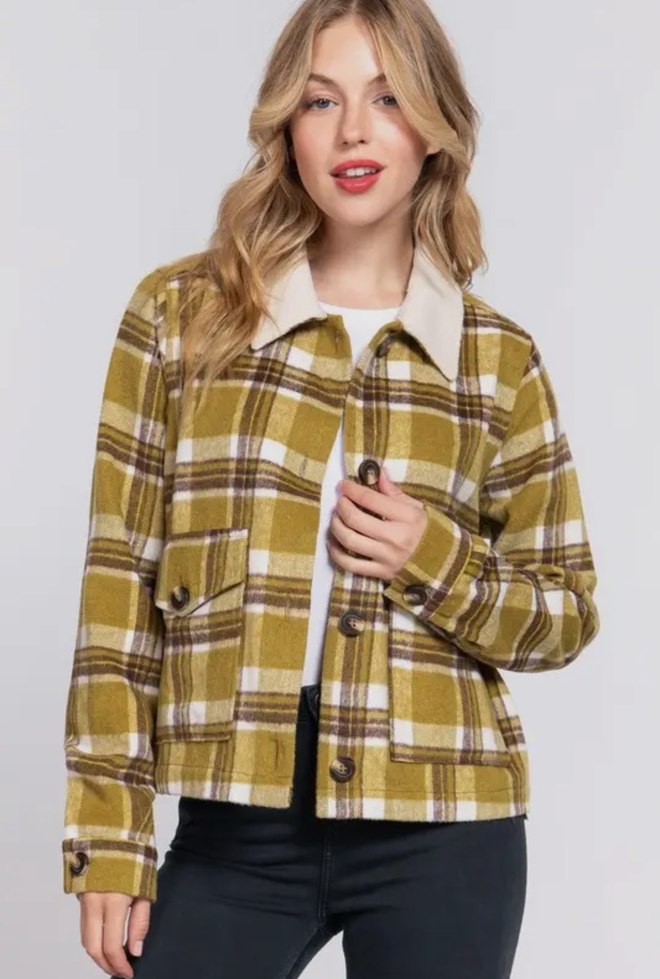 RYLEE FAUX FUR COLLAR PLAID SHACKET