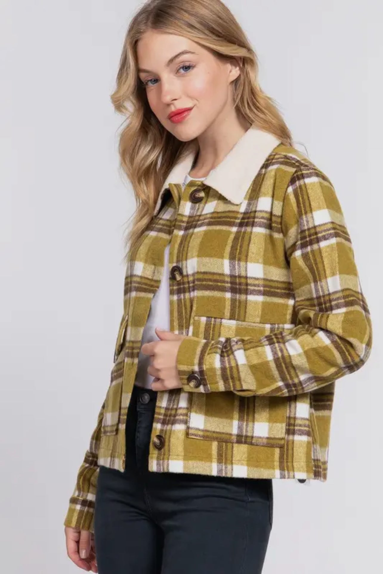 RYLEE FAUX FUR COLLAR PLAID SHACKET