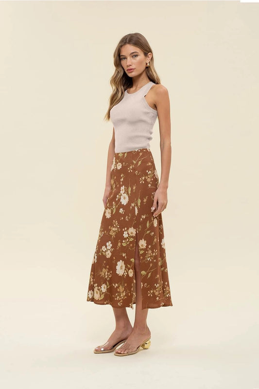 GIANNA FLORAL HIGH WAIST MIDI SKIRT | BROWN