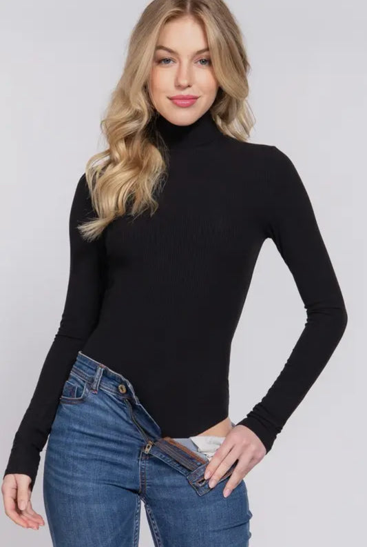 JEWEL HIGH NECK RIBBED BODYSUIT | BLACK