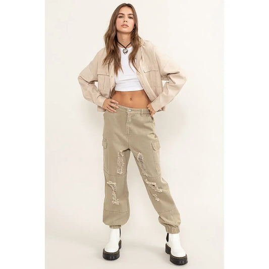 HONEY DISTRESSED DENIM CARGO PANTS | TAUPE