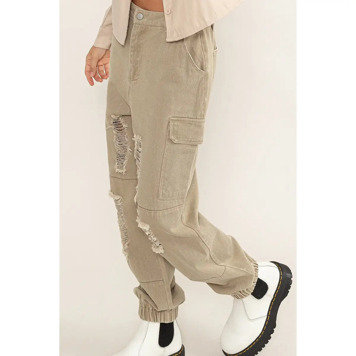 HONEY DISTRESSED DENIM CARGO PANTS | TAUPE