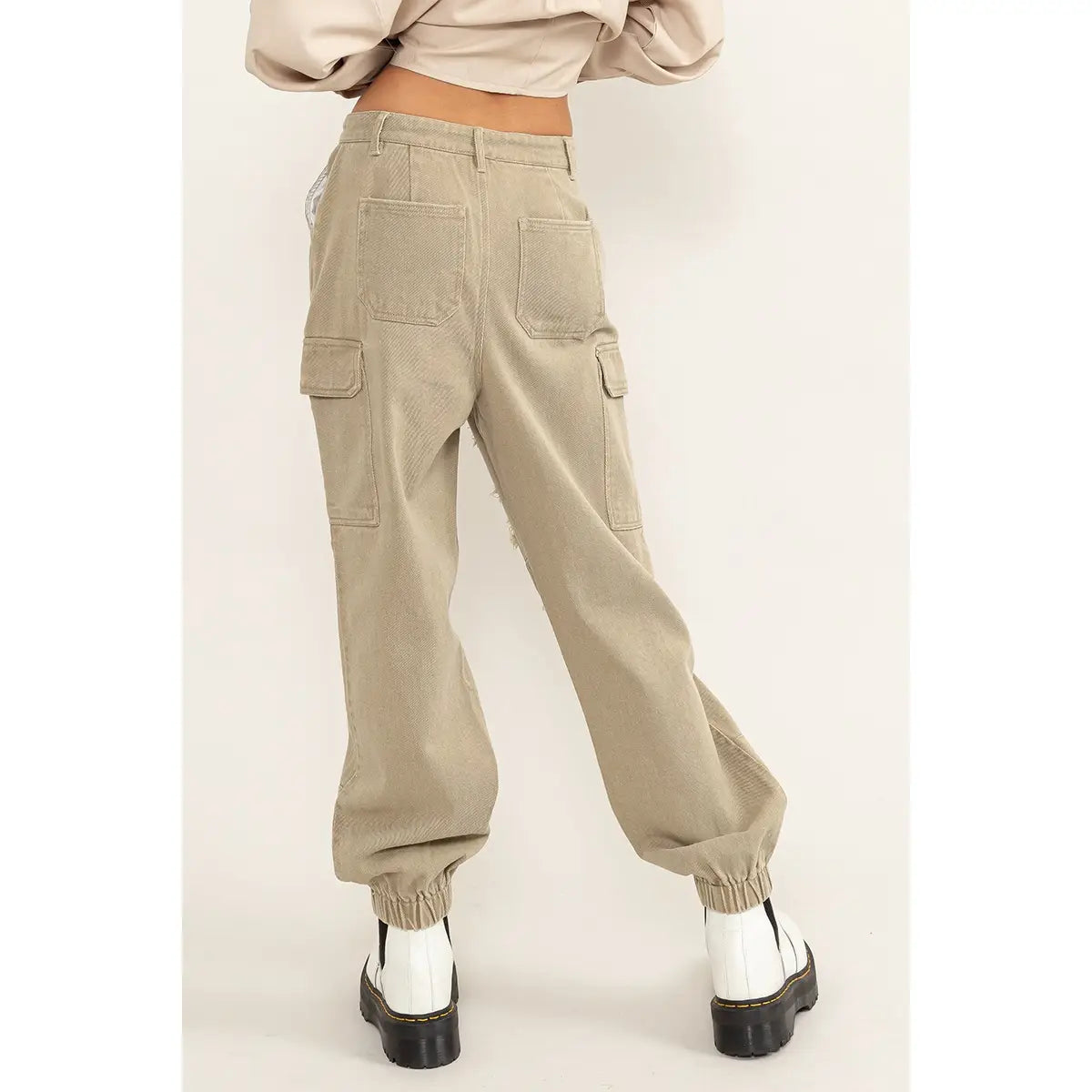 HONEY DISTRESSED DENIM CARGO PANTS | TAUPE