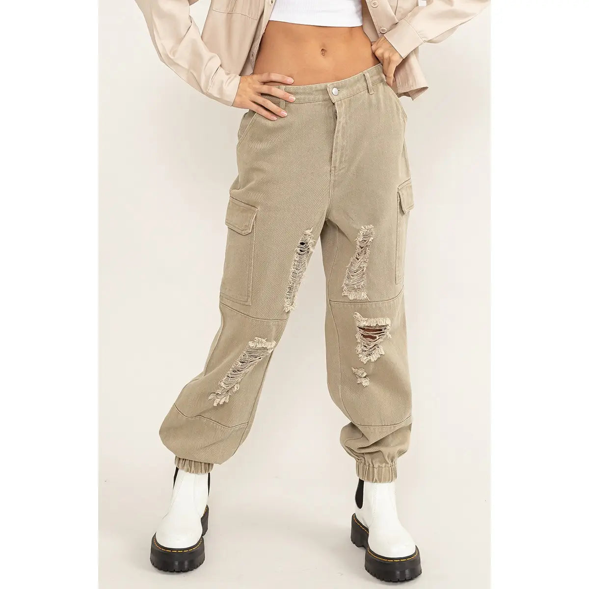 HONEY DISTRESSED DENIM CARGO PANTS | TAUPE