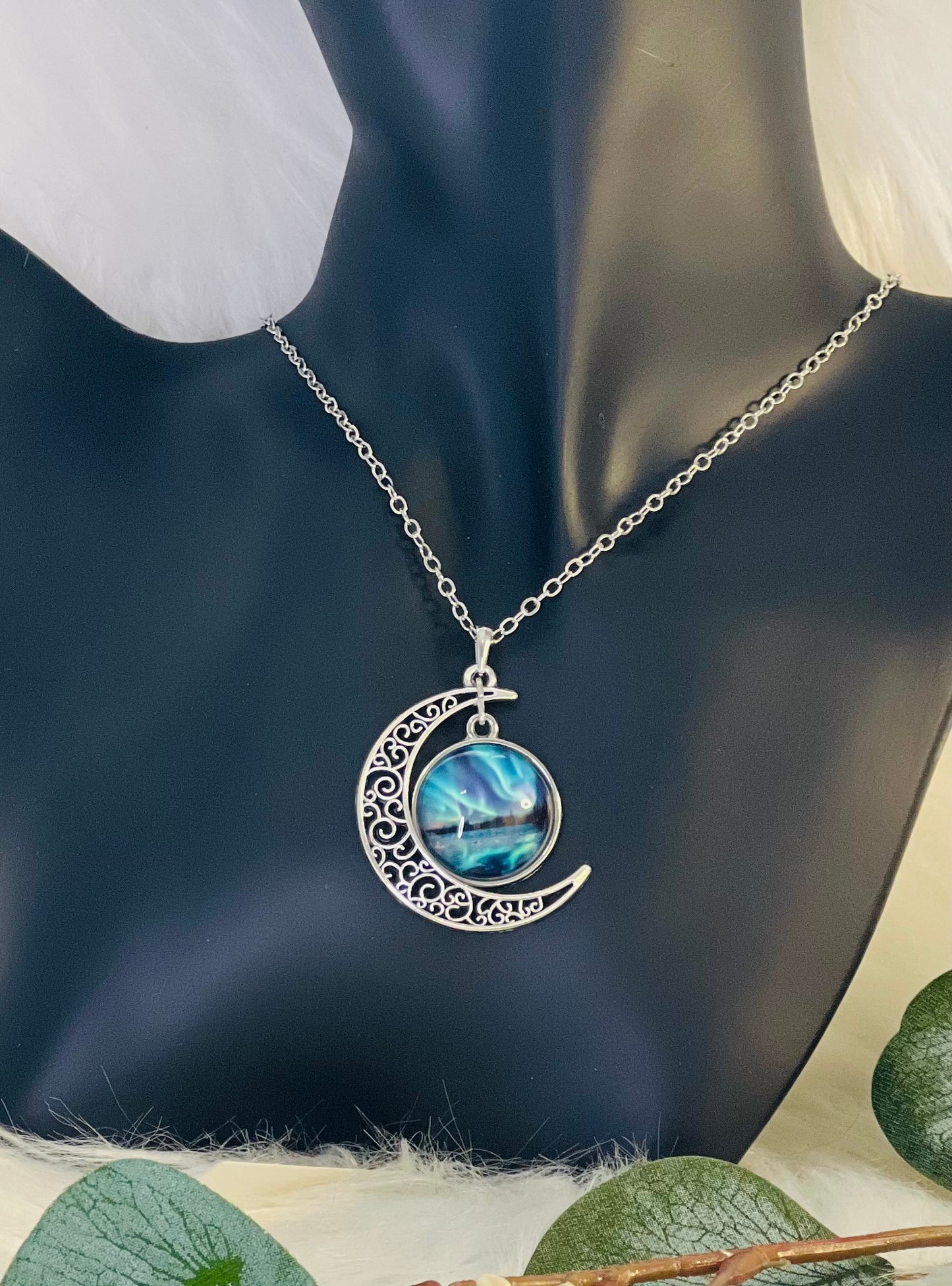 Northern lights Crescent Moon Silver Necklace