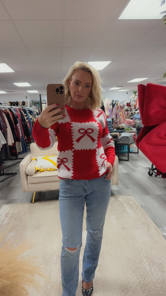 CELLA BOW SWEATER | RED/WHITE
