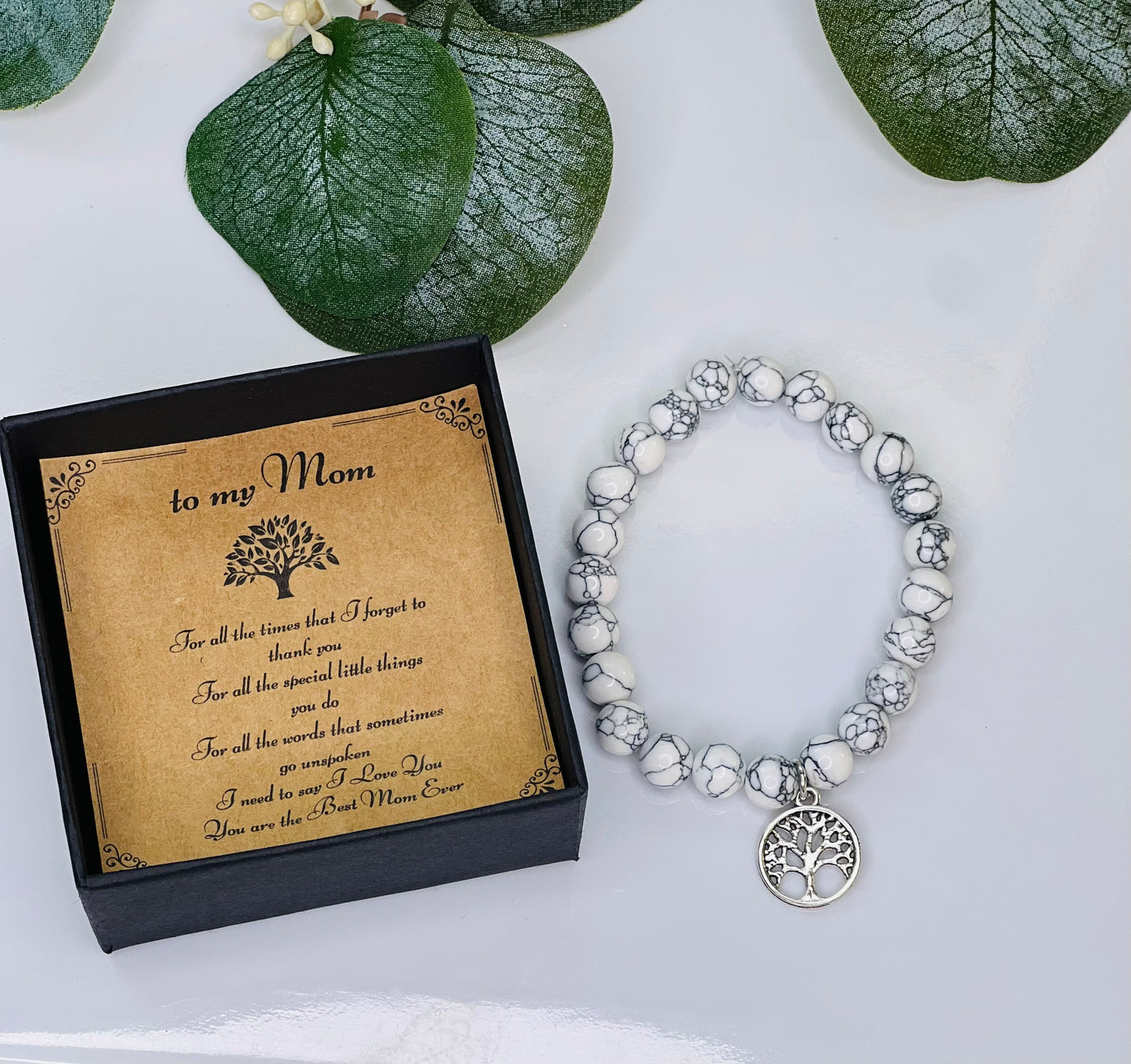 "To My Mom" Natural Stone Beaded Bracelet with Pendant and card