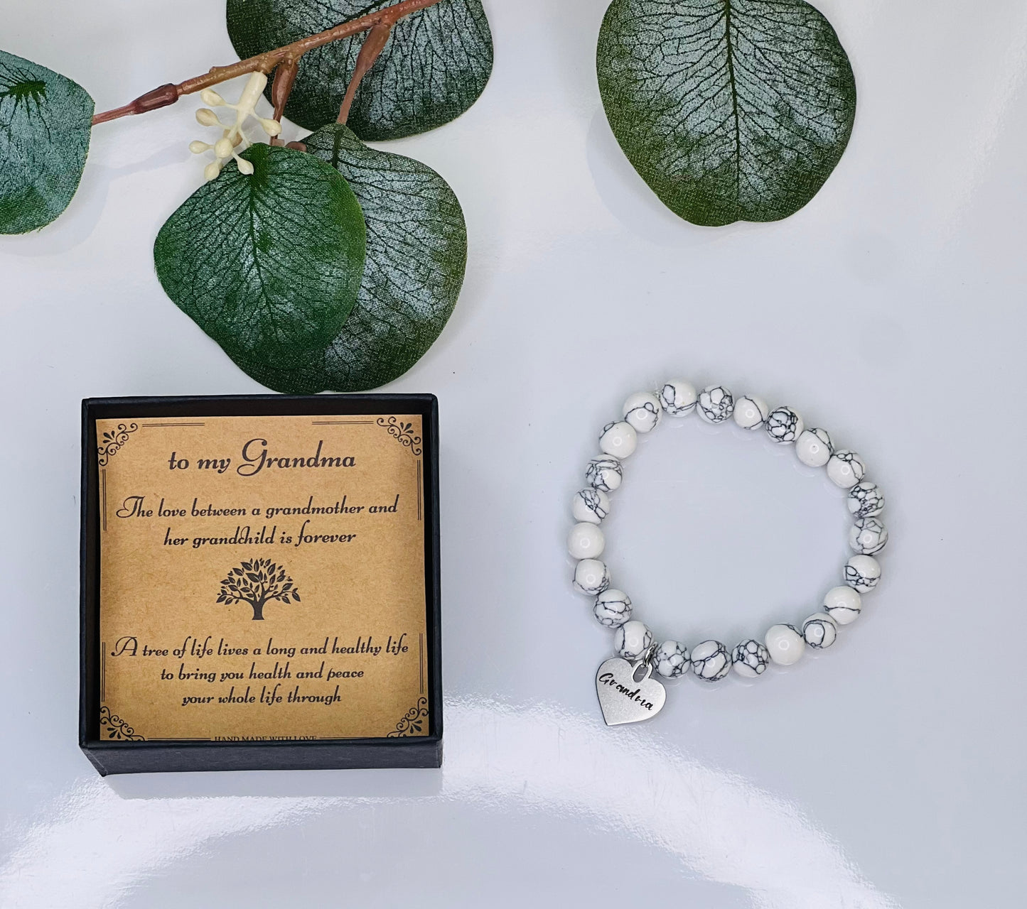 "To My Grandma" Natural Stone Bead Bracelet with Pendant and Card