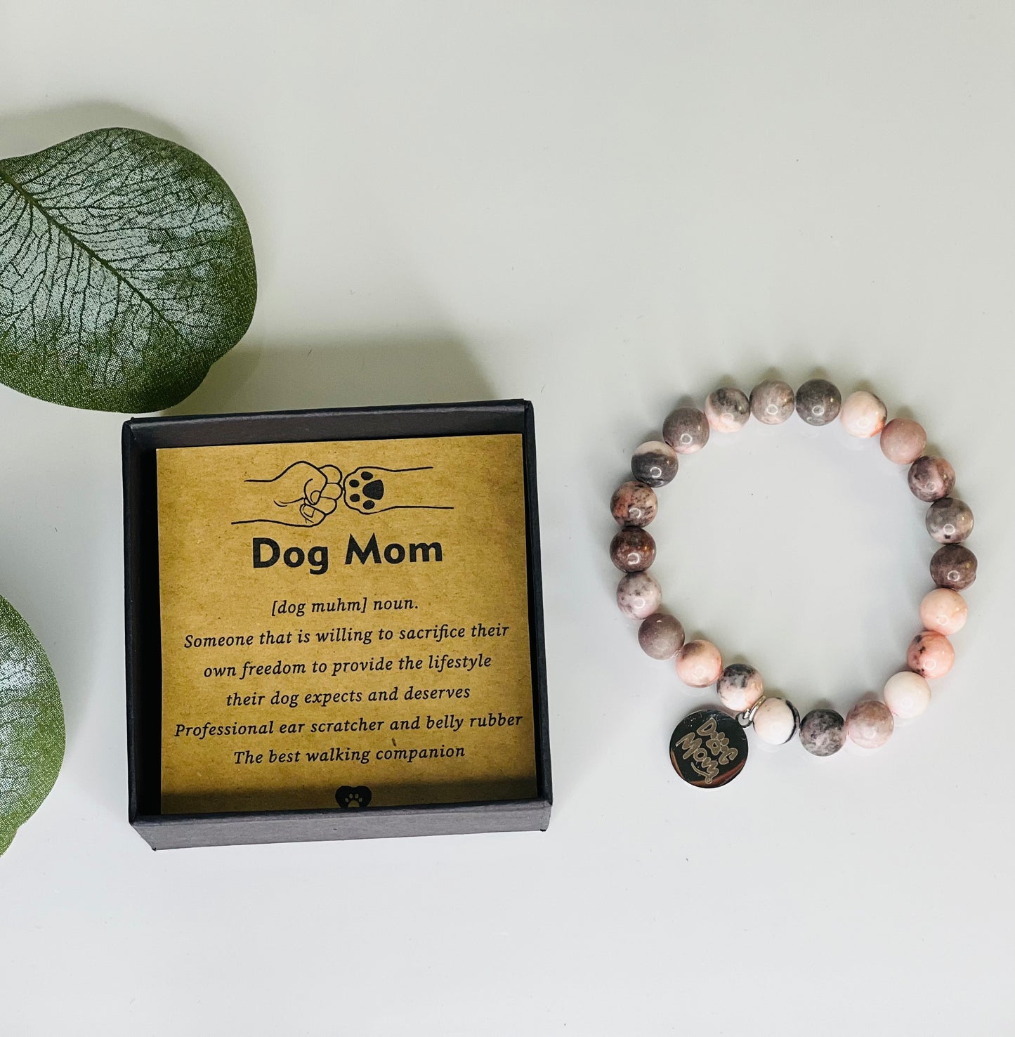 Dog Mom Natural Stone Bead Bracelet with Pendant and Card