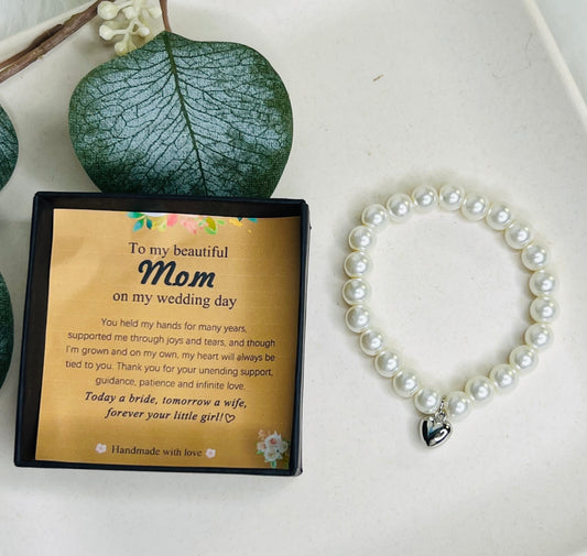 "To My Beautiful Mom On My Wedding Day" Pearl Bead Bracelet with Pendant and Card