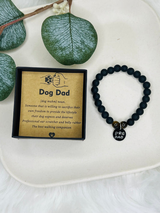 "Dog Dad" Natural Stone Bead Bracelet with Charm and Card