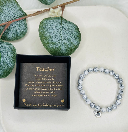 "Teacher" Natural Stone Bead Bracelet with Charm and Card