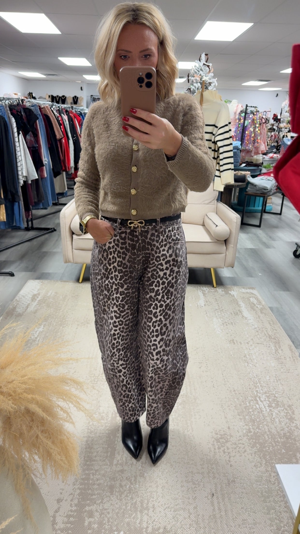 LEIGHTON LEOPARD PRINT HIGH RISE BARREL JEANS