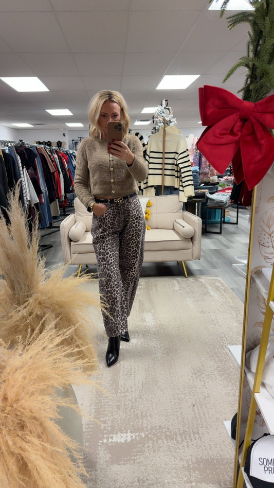 LEIGHTON LEOPARD PRINT HIGH RISE BARREL JEANS