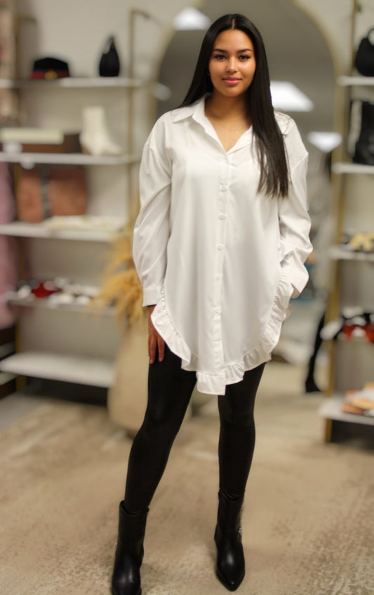 JASMINE RUFFLE HEM BUTTON FRONT SHIRT | WHITE