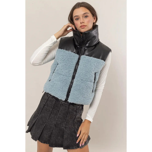 JAYMES SHERPA/FAUX LEATHER PUFFER VEST