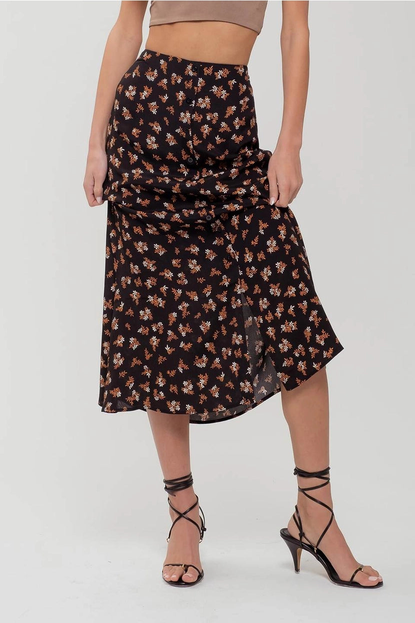 JOY FLORAL BUTTON FRONT MIDI SKIRT