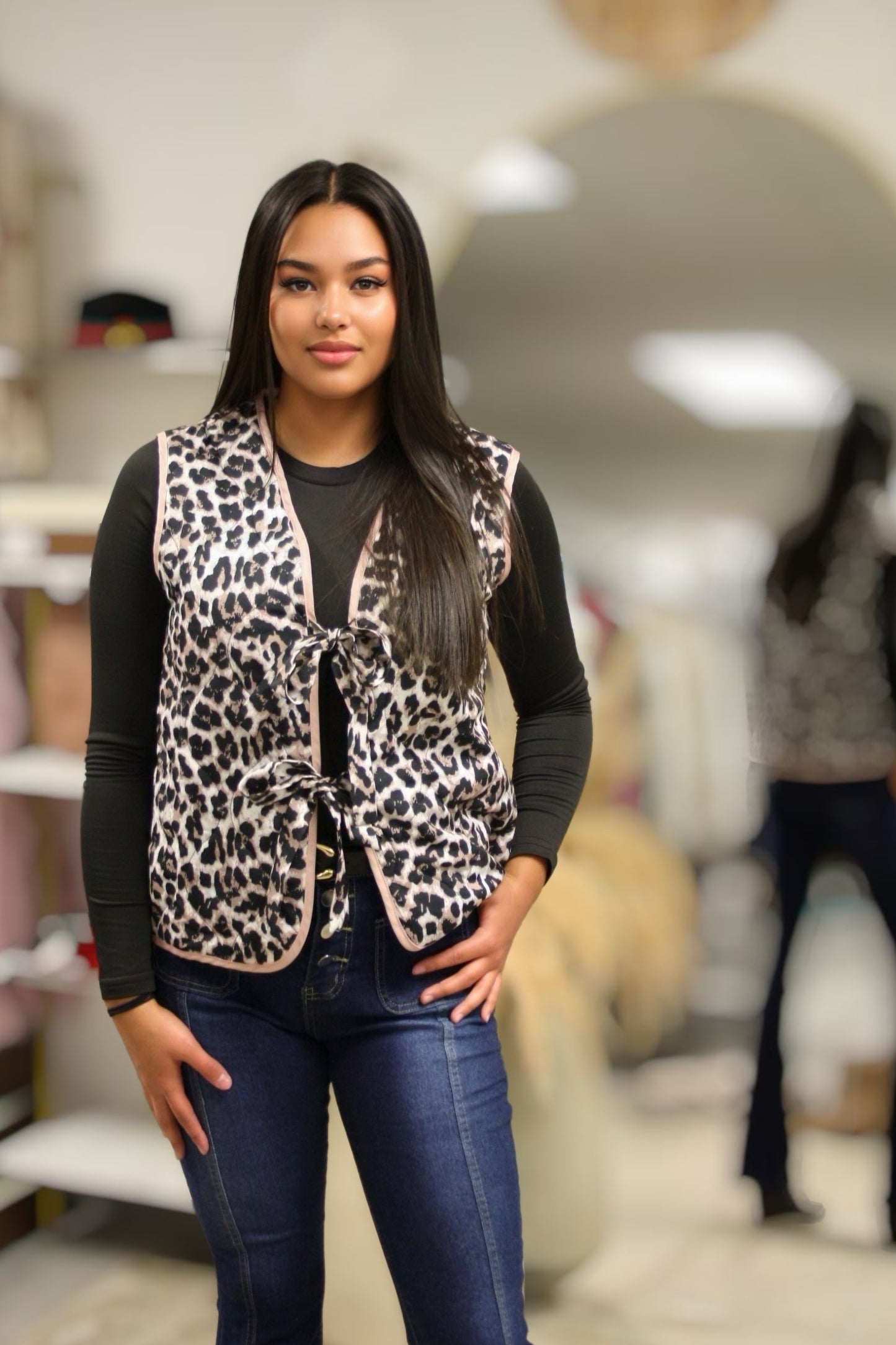 KENZA TIE FRONT LEOPARD QUILTED VEST