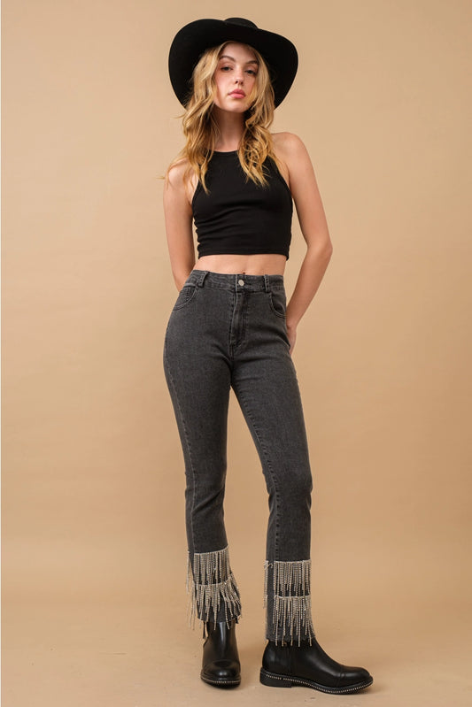 KYLER HIGH WAIST STRAIGHT LEG RHINESTONE JEANS | BLACK