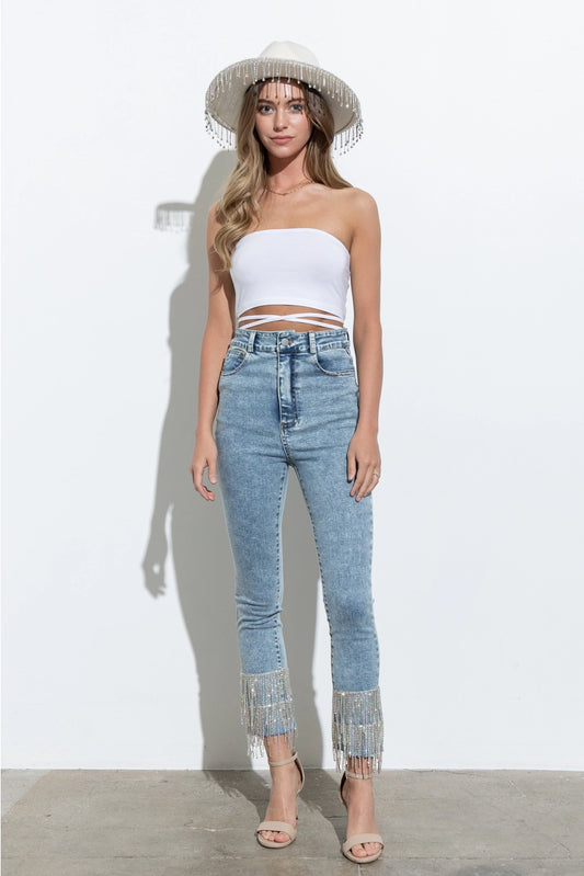 KYLER HIGH WAIST STRAIGHT LEG RHINESTONE JEANS | LIGHT WASH