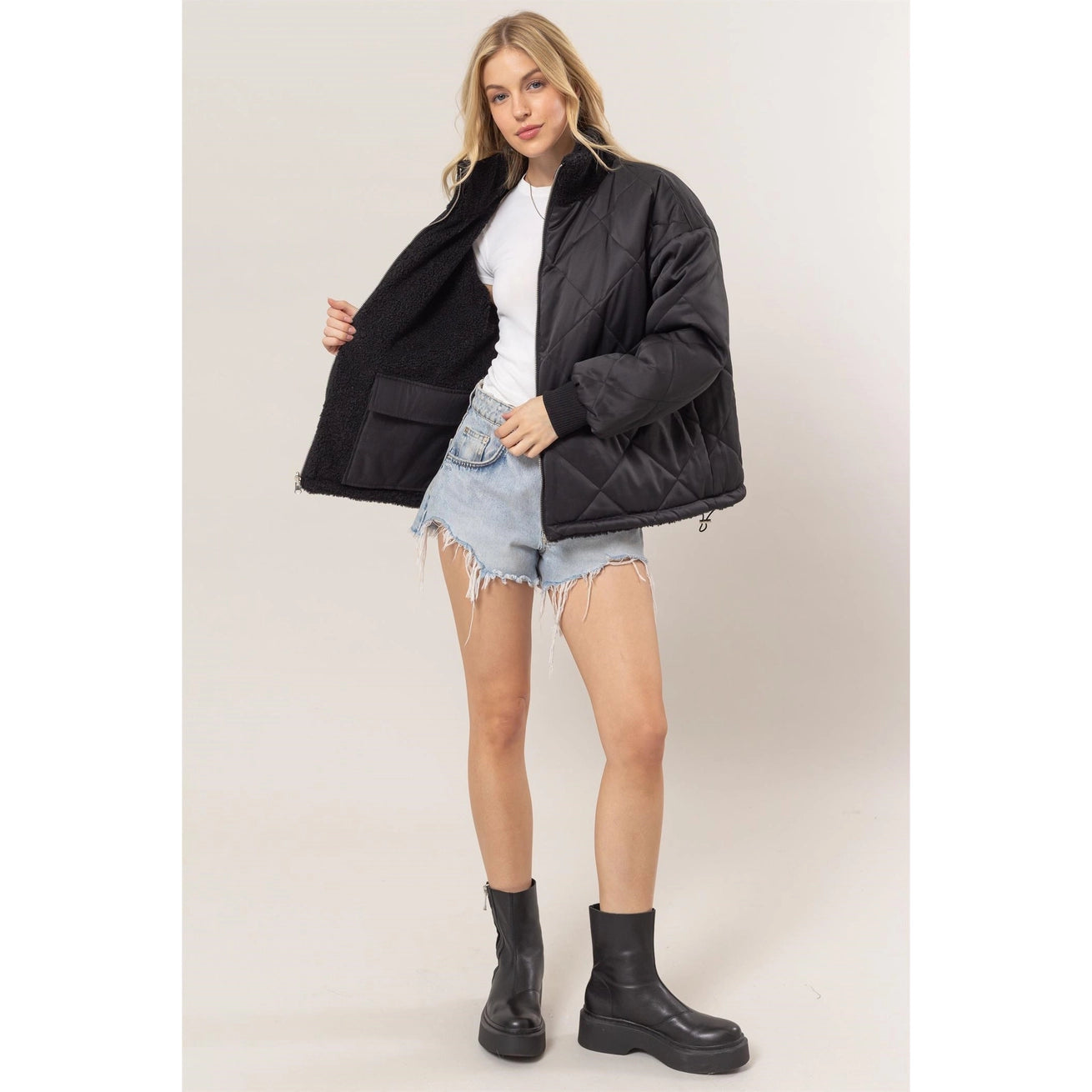 LOGAN REVERSIBLE TEDDY FUR/PUFFER JACKET | BLACK