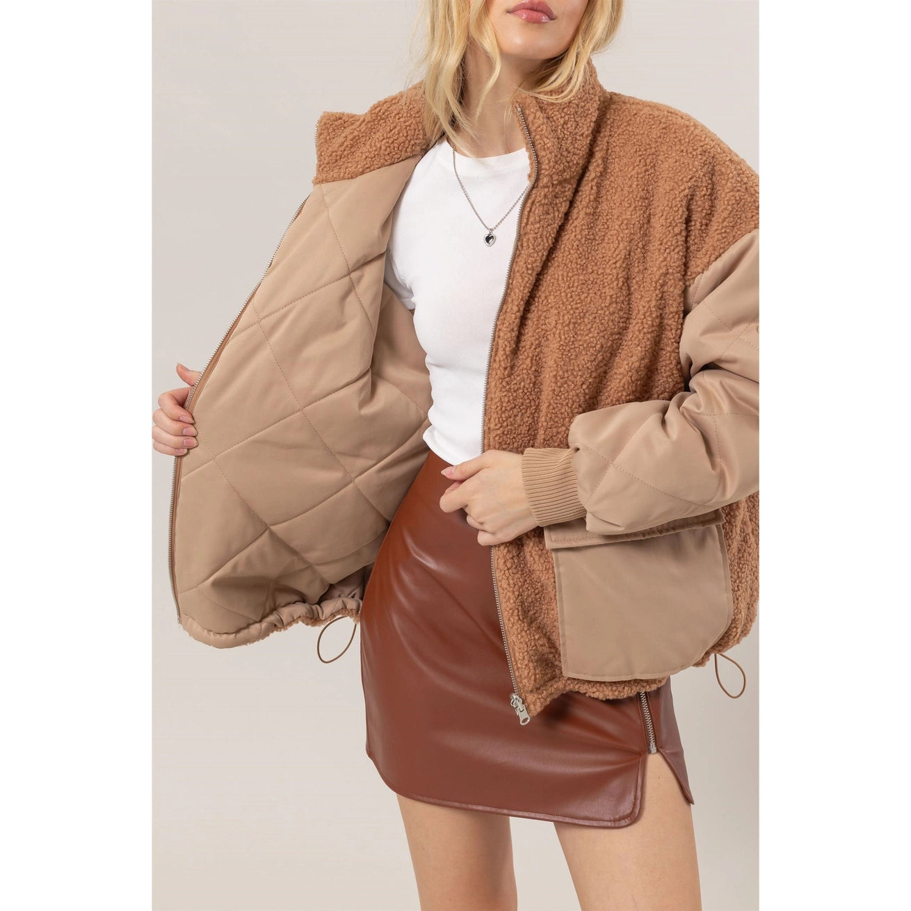 LOGAN REVERSIBLE TEDDY FUR/PUFFER JACKET | TAUPE