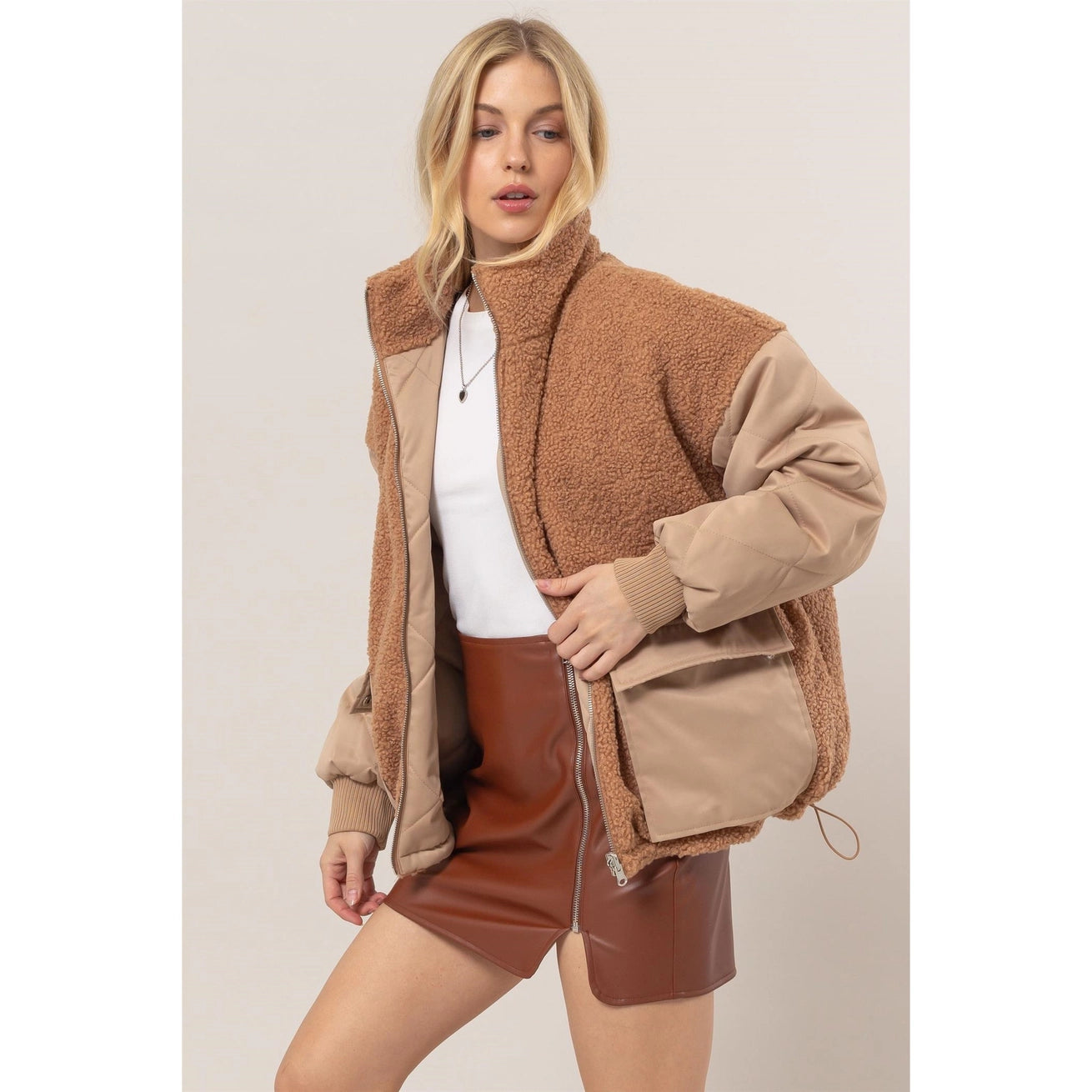 LOGAN REVERSIBLE TEDDY FUR/PUFFER JACKET | TAUPE