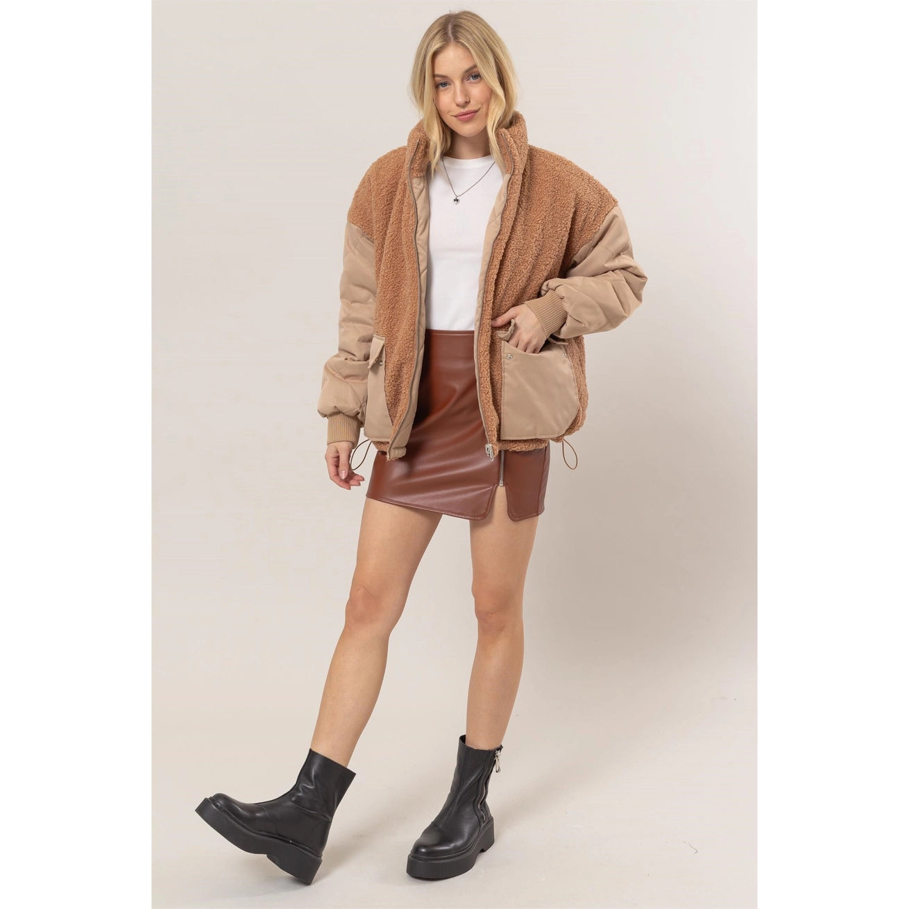 LOGAN REVERSIBLE TEDDY FUR/PUFFER JACKET | TAUPE