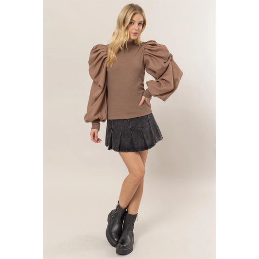 NADIA MOCK NECK PUFF SLEEVE MIXED MEDIA TOP