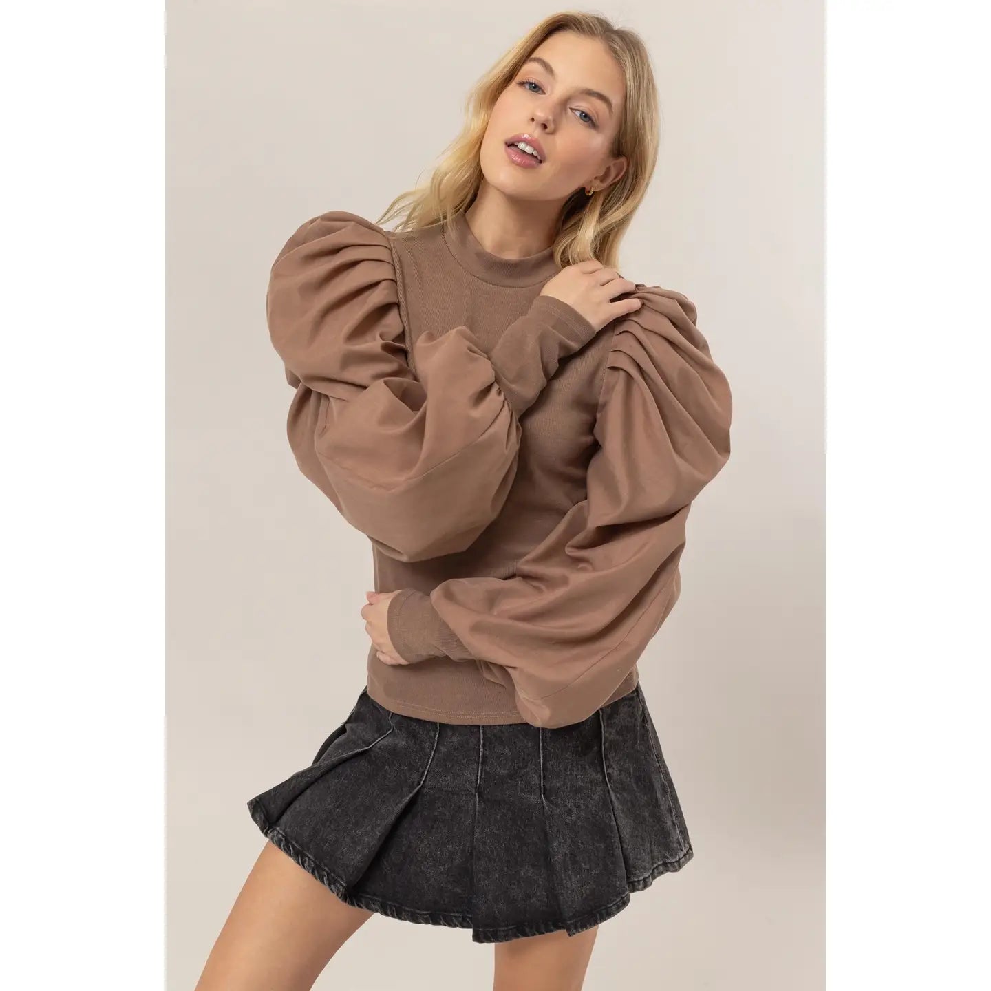 NADIA MOCK NECK PUFF SLEEVE MIXED MEDIA TOP