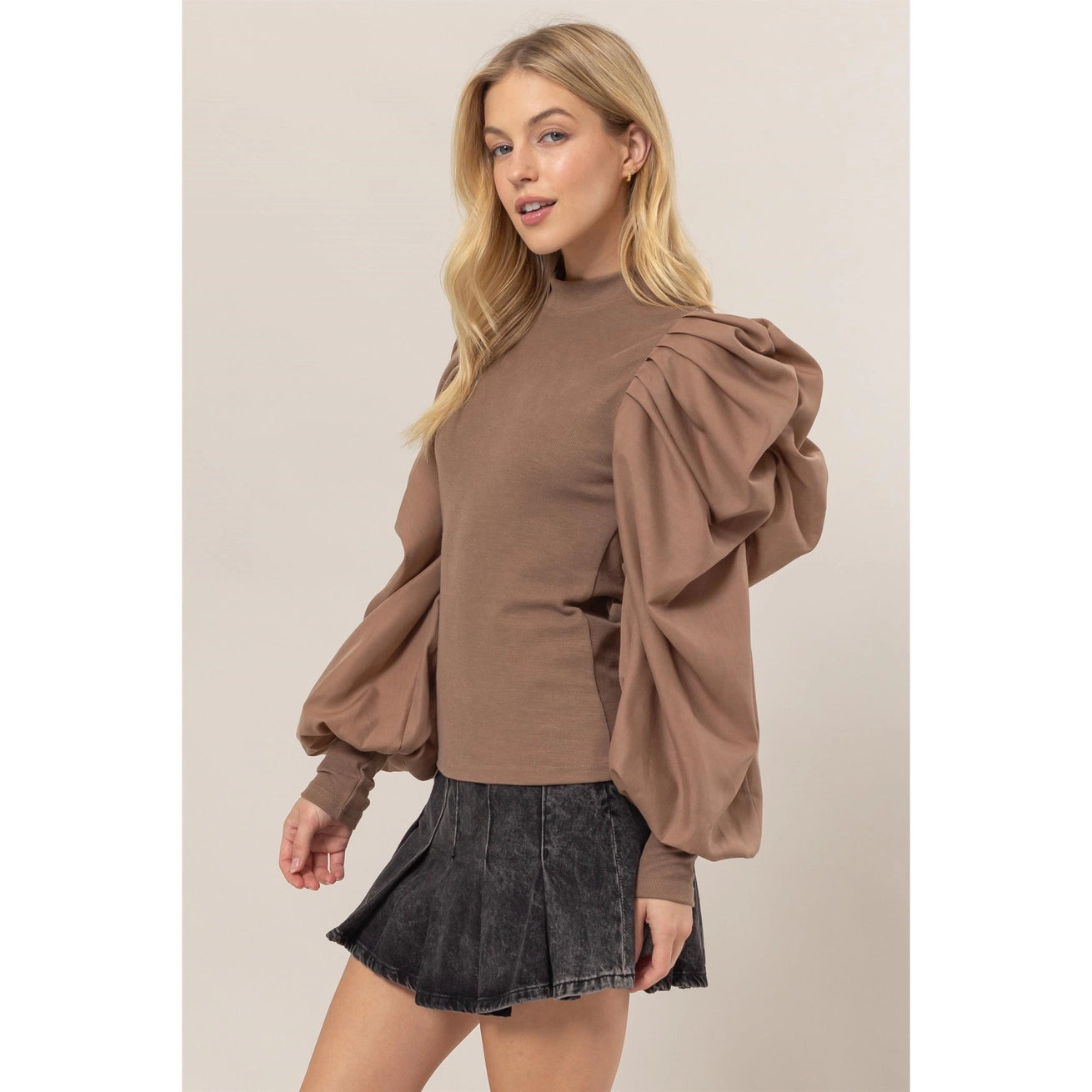 NADIA MOCK NECK PUFF SLEEVE MIXED MEDIA TOP