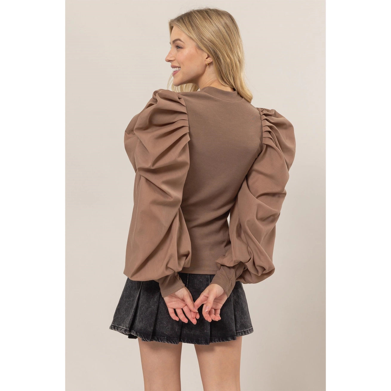 NADIA MOCK NECK PUFF SLEEVE MIXED MEDIA TOP