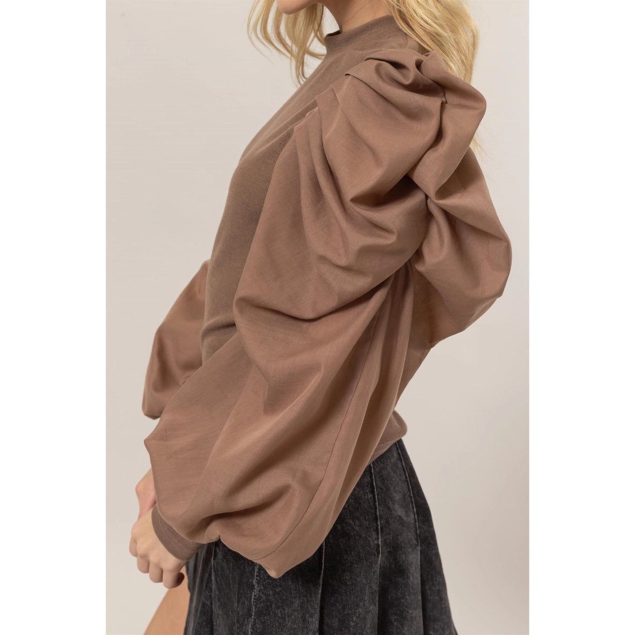 NADIA MOCK NECK PUFF SLEEVE MIXED MEDIA TOP