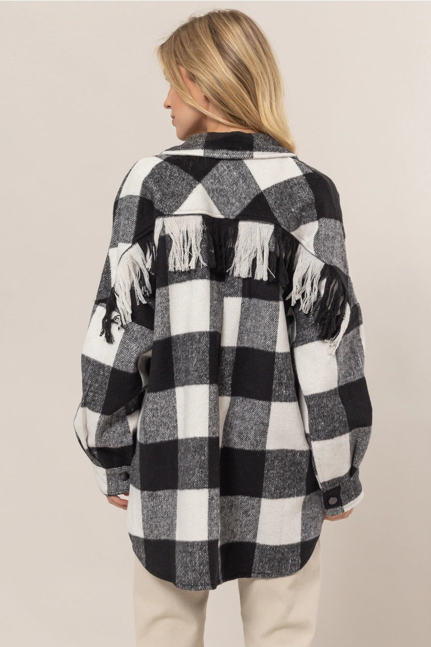 PHYLLIS FRINGE BACK PLAID SHACKET