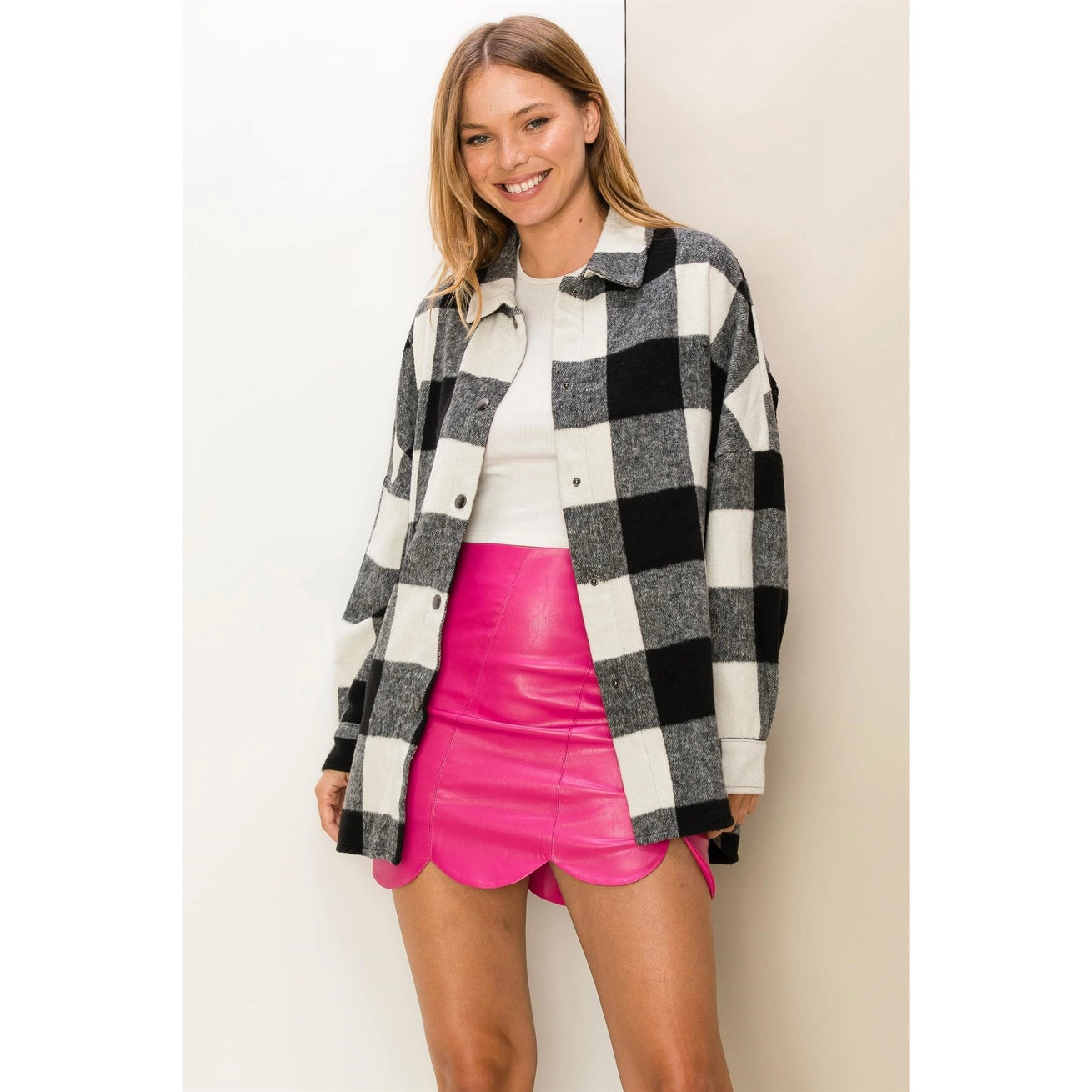 PHYLLIS FRINGE BACK PLAID SHACKET