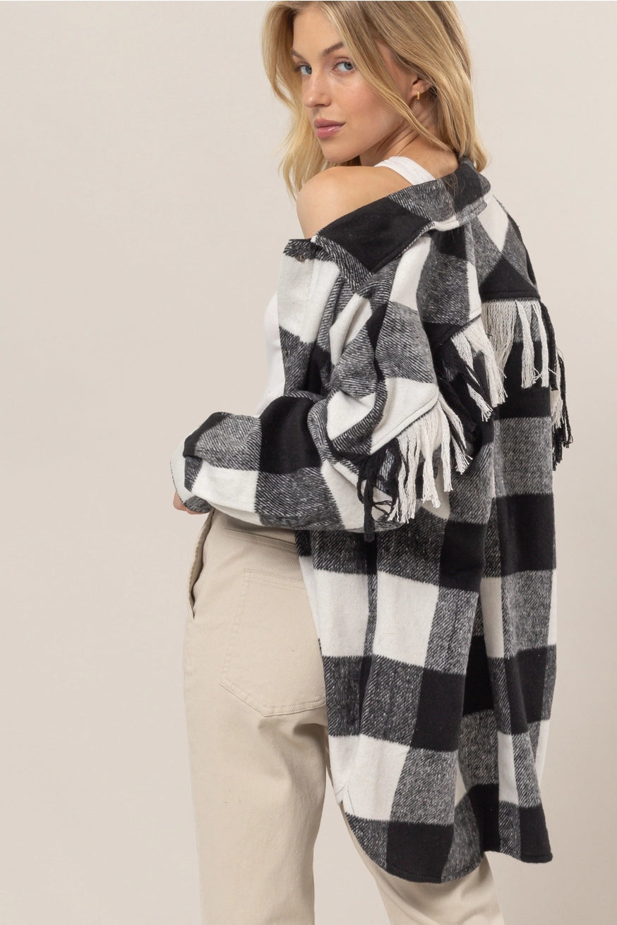 PHYLLIS FRINGE BACK PLAID SHACKET