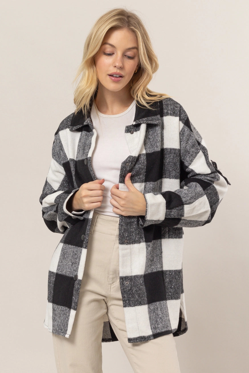 PHYLLIS FRINGE BACK PLAID SHACKET