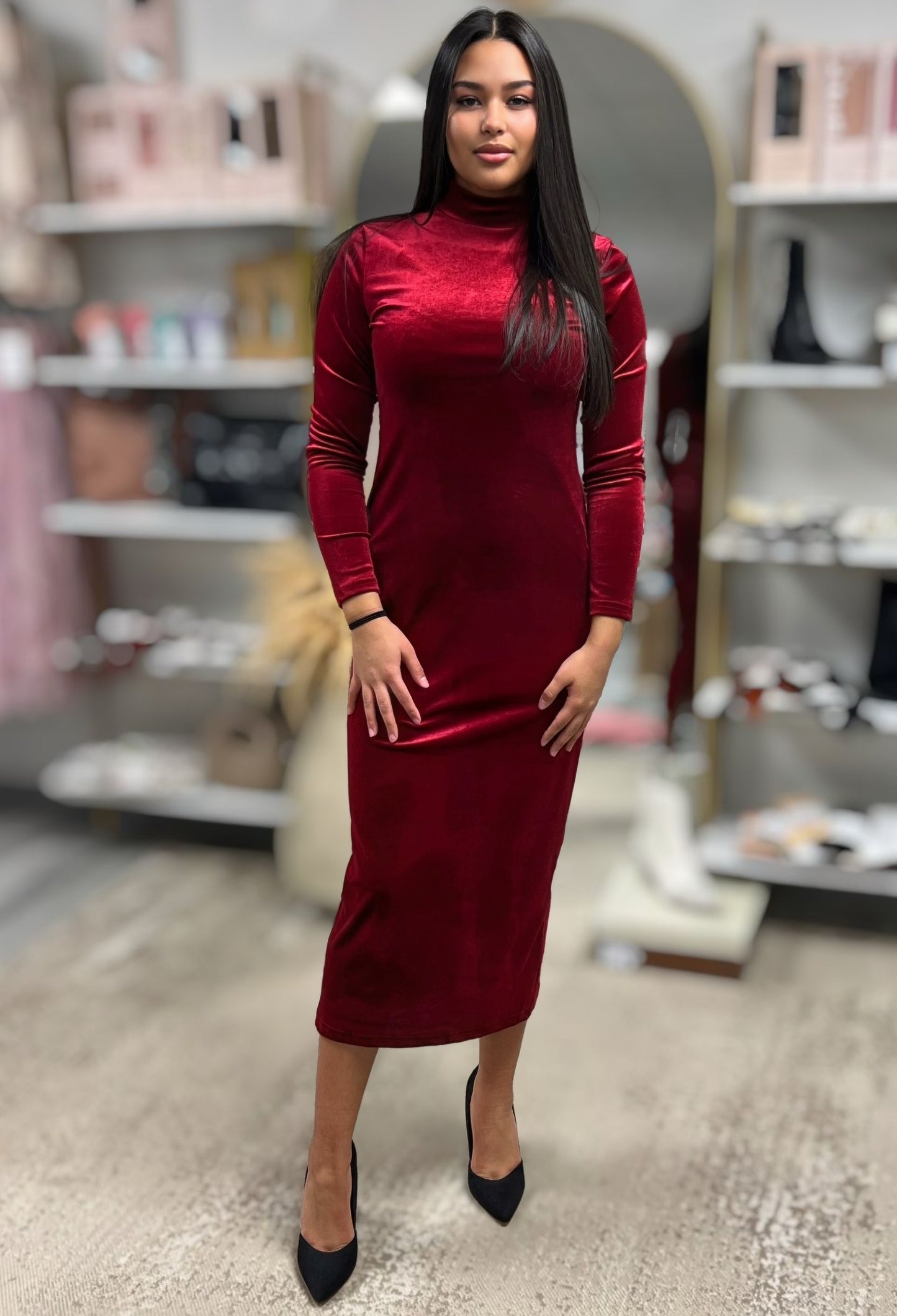 RILEY VELVET MIDI DRESS WITH BACK SLIT