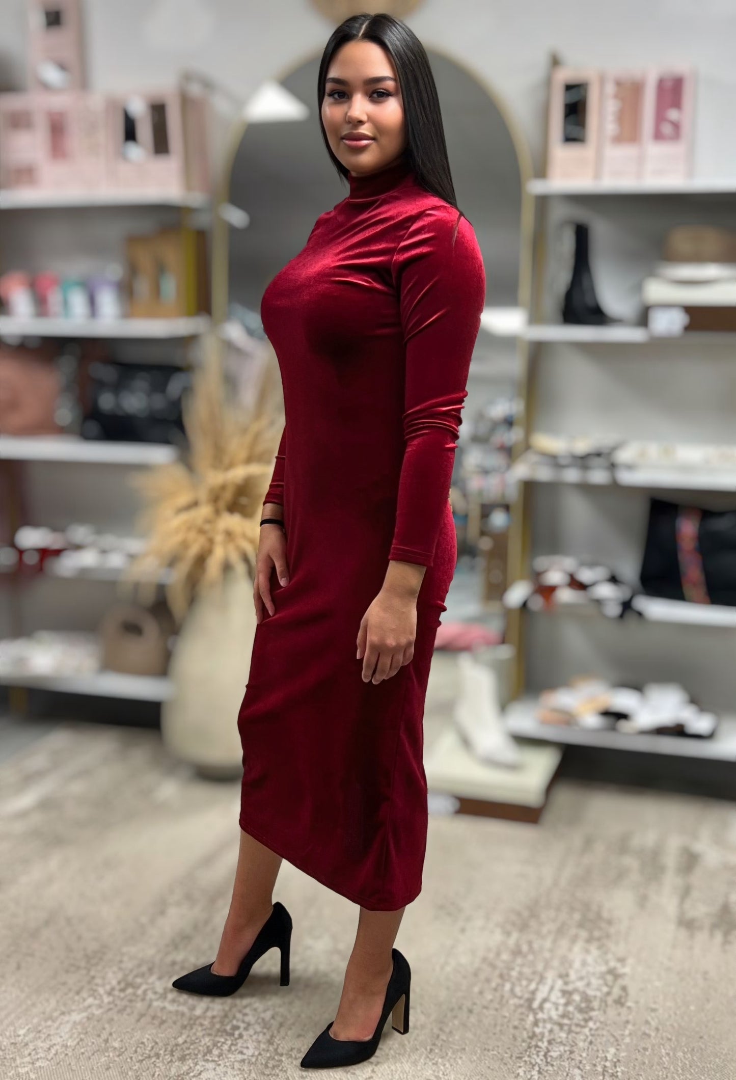 RILEY VELVET MIDI DRESS WITH BACK SLIT