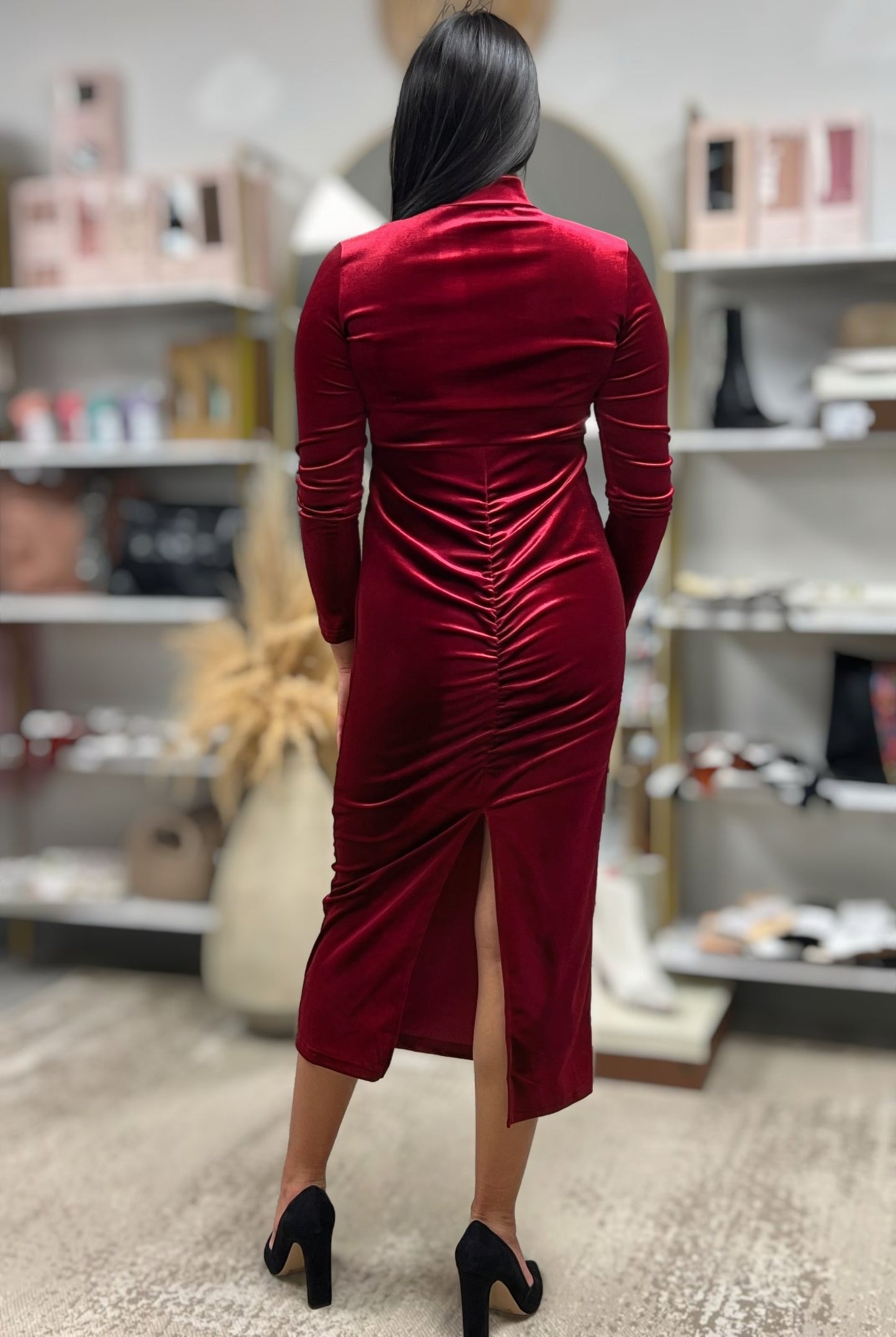 RILEY VELVET MIDI DRESS WITH BACK SLIT